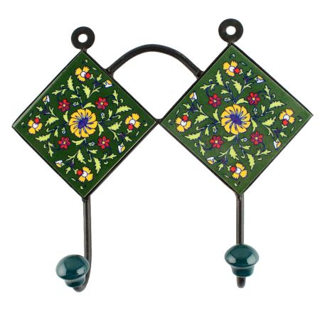 Ceramic Flower Tile Hook in Forest Green